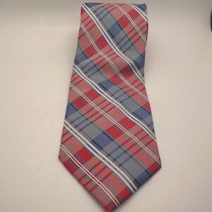 Stafford Essentials Mens Plaid Silk Neck Tie Red Blue Gray Office Classic